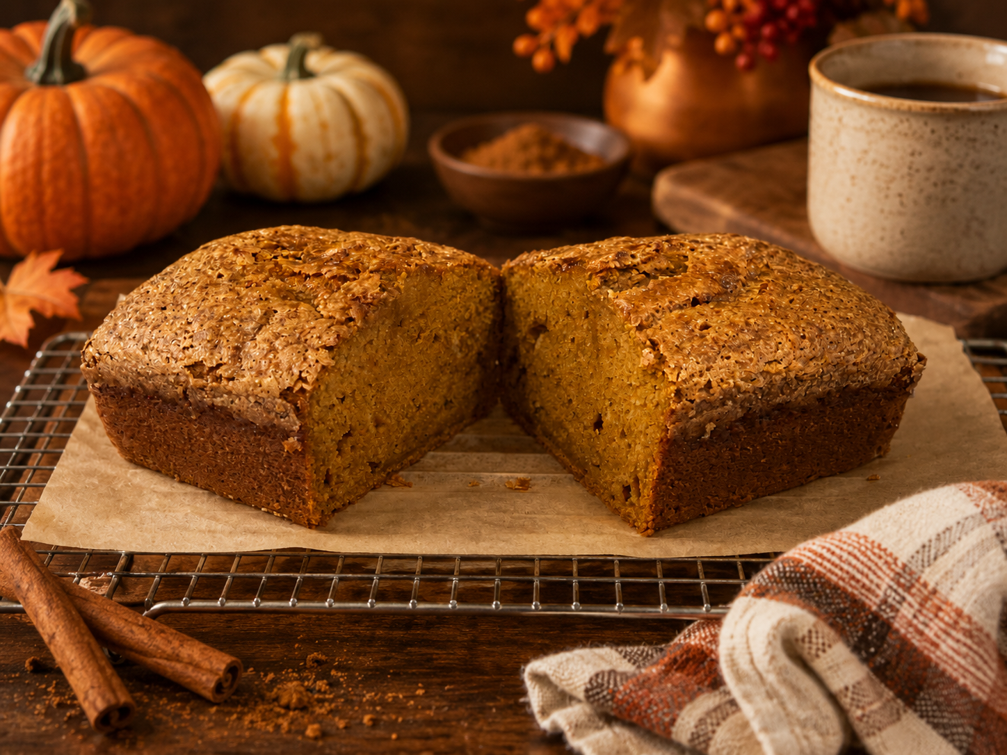 Fresh pumpkin bread sliced on a cutting board